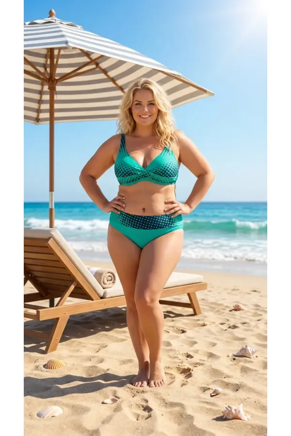 Ensemble bikini doublé grande taille à pois verts et marine pour femme HZL26S-LC21202-6