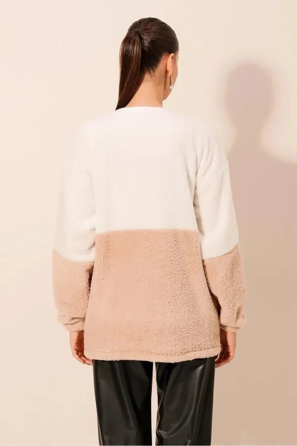 Sweat-shirt confortable en peluche imprimé bloc blanc crème pour femme EVER SLOW HZL23W-BD1554781