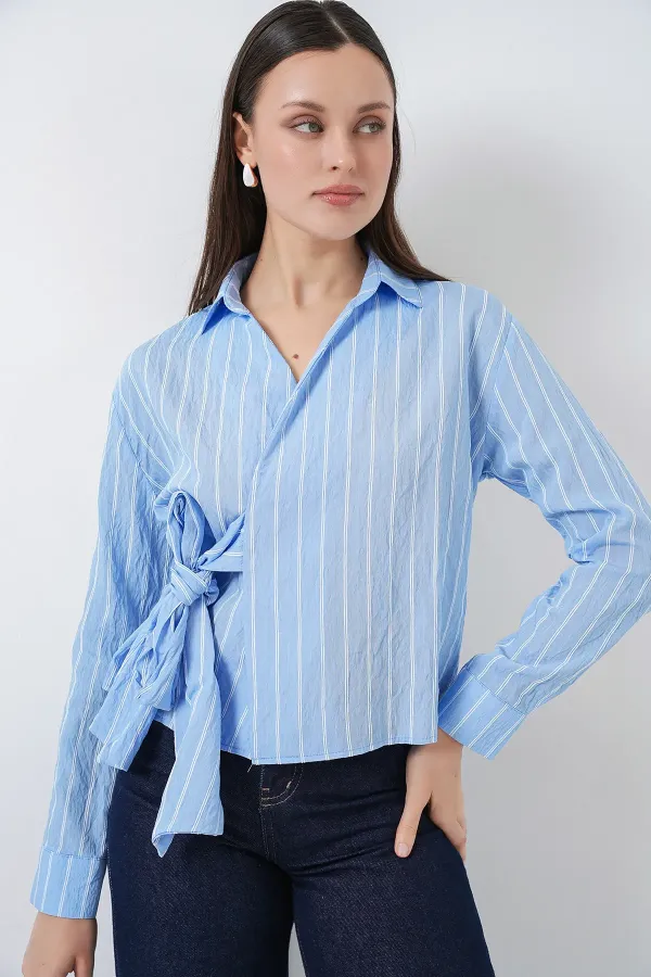 Women's Front Tie Striped Shirt 20362 - Blue