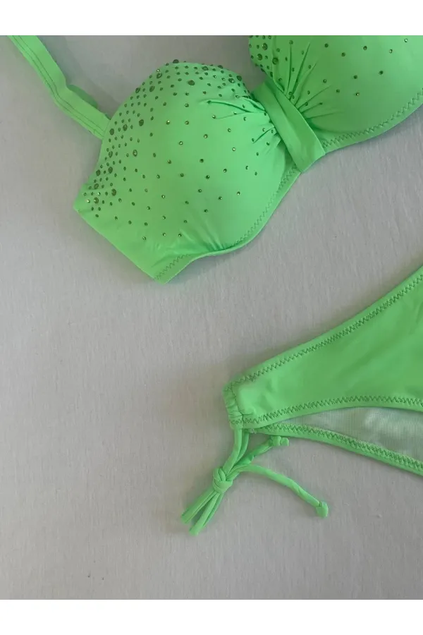 Kadın Yeşil Taş İşlemeli 3 Parça Bikini Takım HZL25S-LC3315
