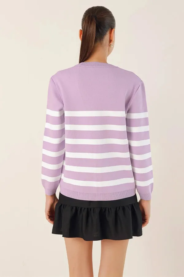 Cardigan en tricot à rayures lilas pour femme, coupe décontractée, col en V, HZL24W-BD1102151