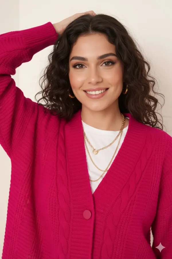Cardigan long boutonné coupe décontractée en tricot rose foncé pour femme HZL23W-BD1100691