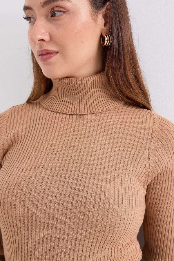 Pull à col roulé en maille beige 10311