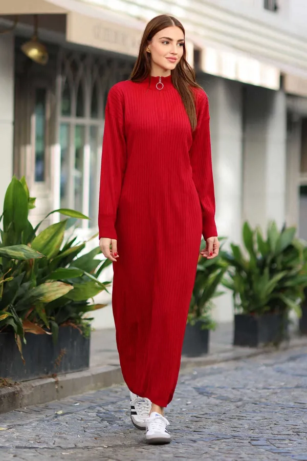 Robe longue en maille côtelée rouge à col zippé pour femme HZL24W-BD1102271