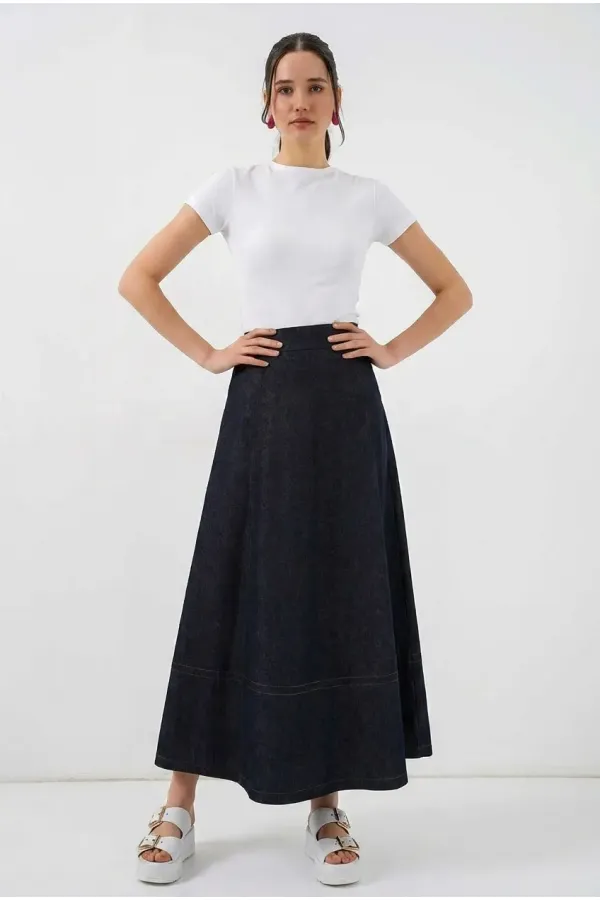 Kadın Lacivert Yüksel Bel Uzun Jean Etek HZL26W-BD180661