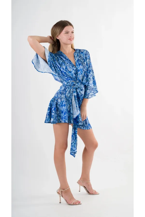 Kadın Mavi Desenli Saten Yüzeyli V Yaka Halka Detaylı Kuşaklı Mini Elbise HZL24S-YY230
