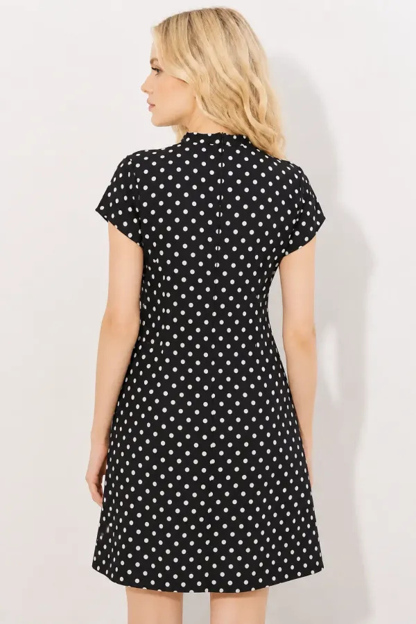Women's Black Short Polka Dot Dress with Bow Detail HZL26S-BD126051 Women's Black Short Polka Dot Dress with Bow Detail HZL26S-BD126051