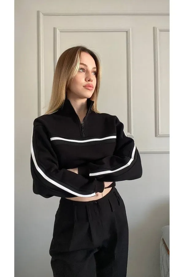 Sweat-shirt à rayures noires et blanches pour femme, col zippé, 3 fils, en relief, HZL24W-ZK12781