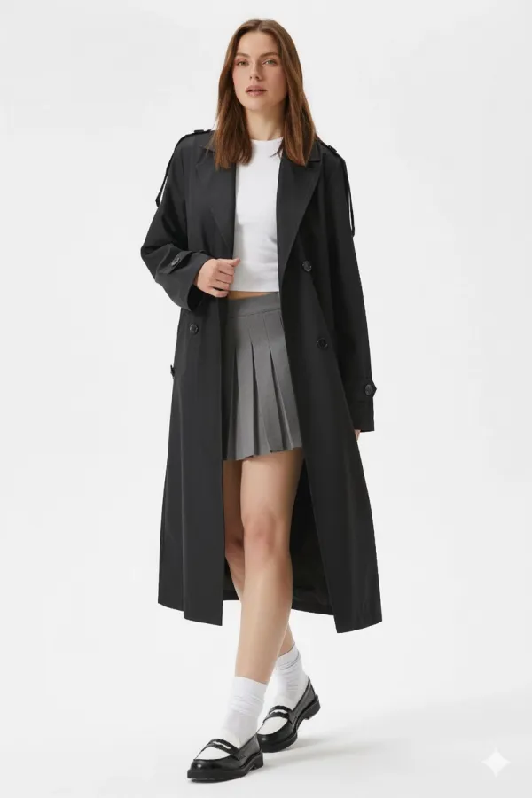 Trench-coat croisé noir doublé et ceinturé pour femme, modèle saisonnier HZL25W-BD159411