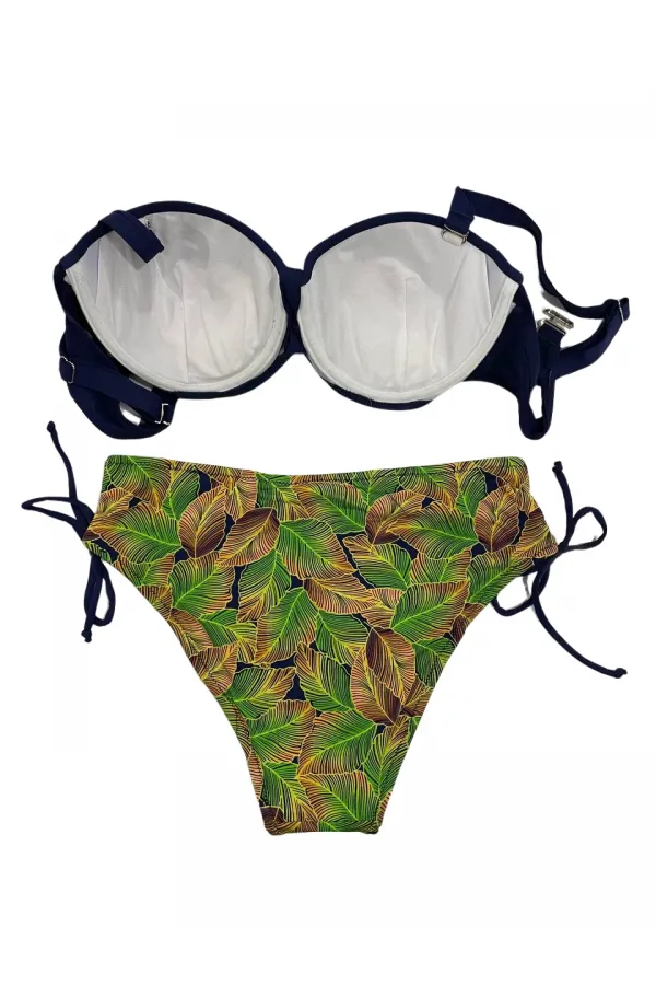 Kadın Lacivert Yaprak Desenli Taş İşlemeli Astarlı Bikini Takım HZL25S-LC3305