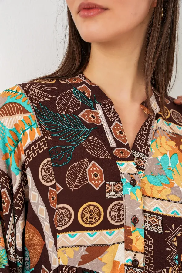 Kadın Desenli Uzun Tesettür Elbise 2585 - D.Kahve