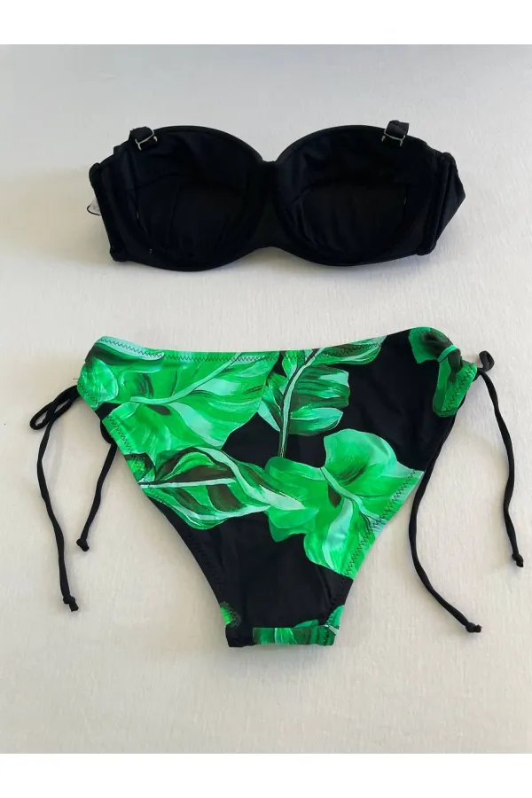 Ensemble bikini femme à boucle noire et motif vert détaillé HZL25S-LC3352