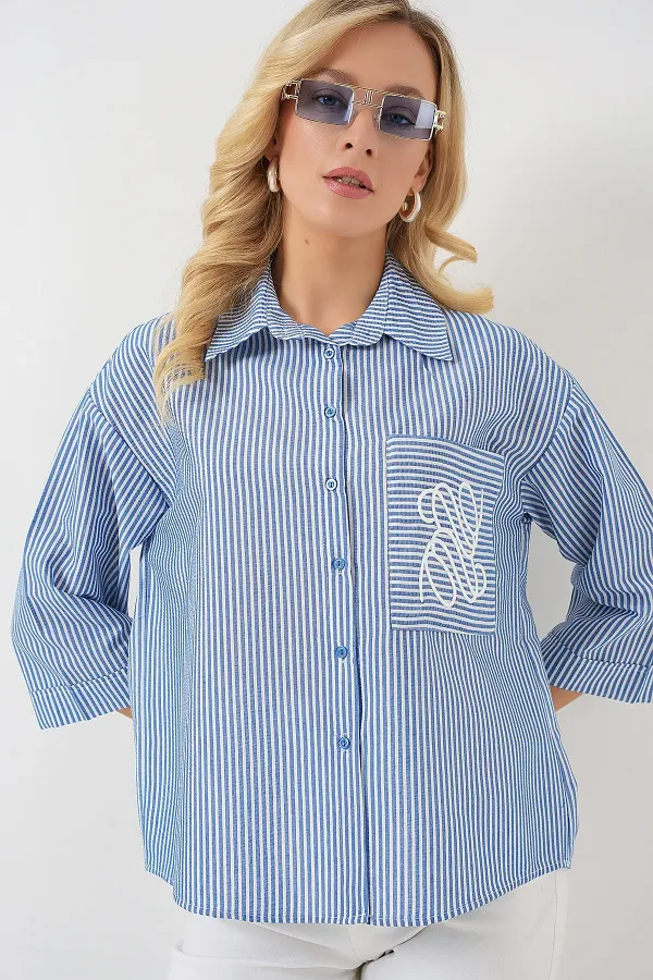 Women's Single Pocket Embroidered Shirt 20328 - Navy Blue
