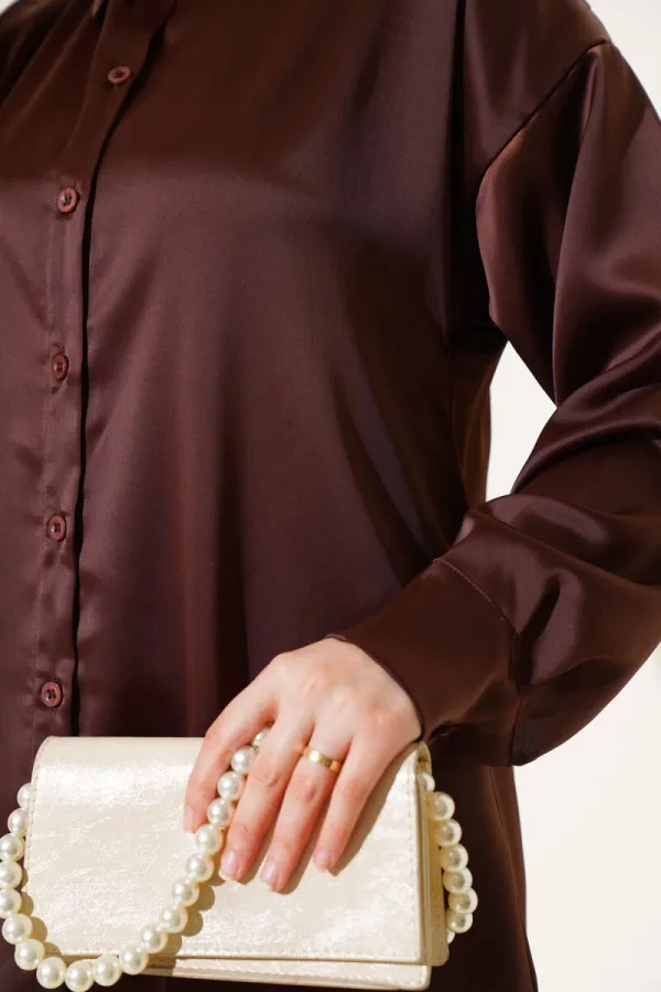 Chemise hijab marron satinée pour femme HZL25W-BD139641