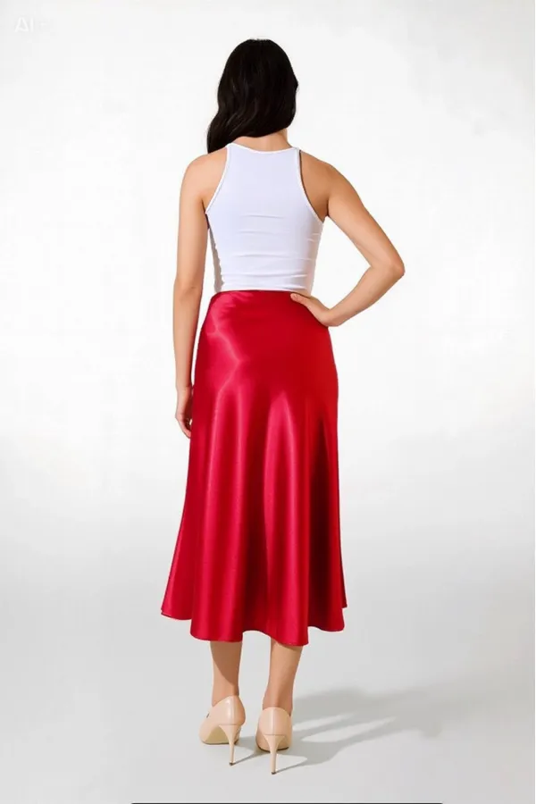 Kadın Kırmızı Saten Yüzeyli Beli Lastikli Midi Boy Etek Hzl23S-BD1101471