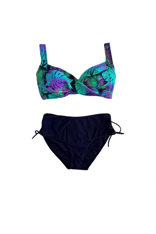 Ensemble bikini doublé bleu marine turquoise à motifs pour femme HZL25S-LC3832