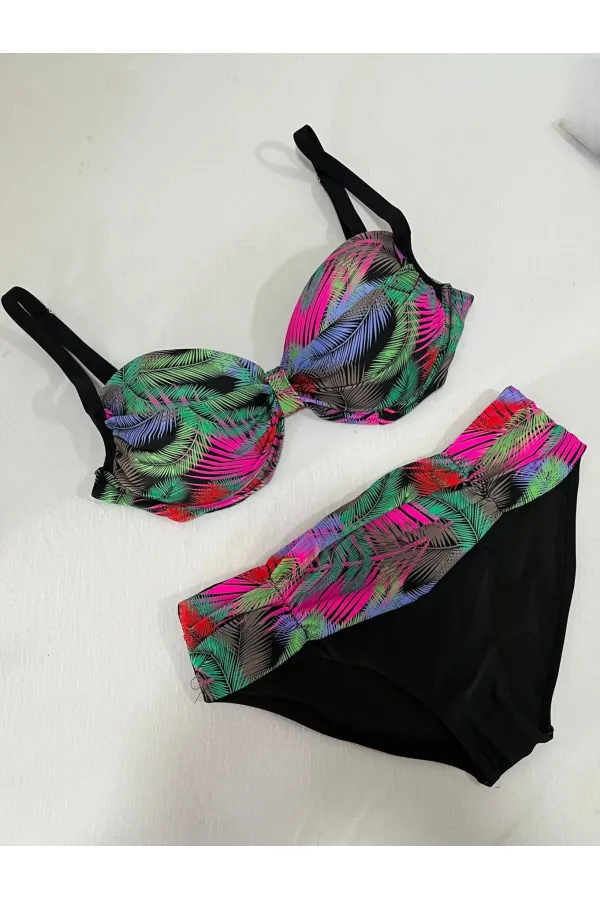 Women's Black Multicolor Patterned Lined Plus Size Bikini Set HZL25S-LC06