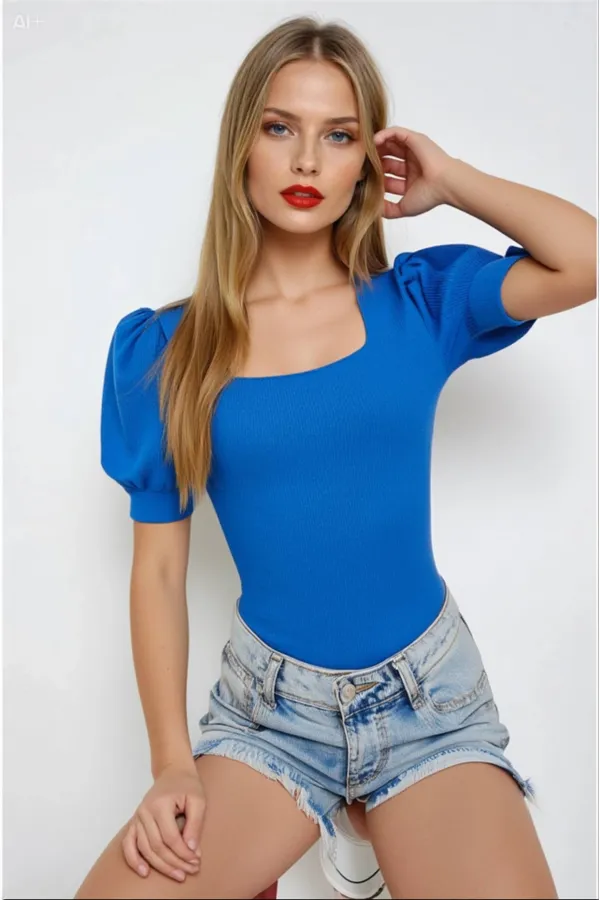 Women's Cobalt Blue Square Collar Knitted Blouse HZL22W-BD104091