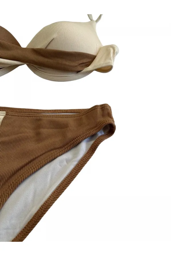 Women's Brown Cream Color Block Lined Bikini Set HZL25S-LC214