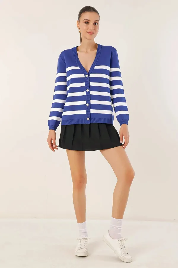Cardigan en tricot à rayures bleu marine pour femme, coupe décontractée, col en V, HZL24W-BD1102151