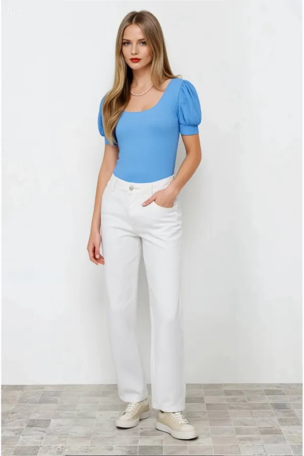 Women's New Blue Square Collar Knitted Blouse HZL22W-BD104091