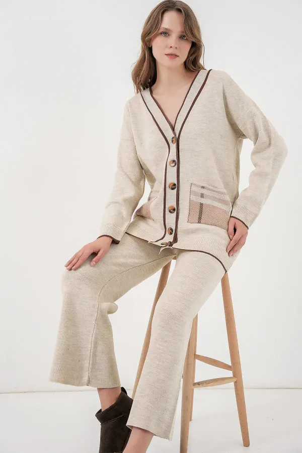 Ensemble deux pièces cardigan en maille à poches pour femme 15964 - Écru