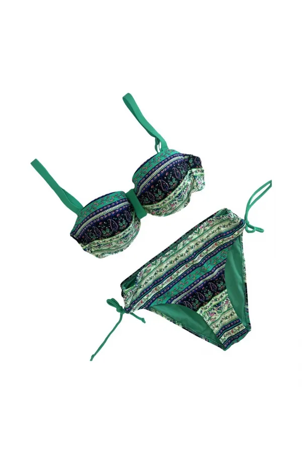 Kadın Yeşil Taş İşlemeli Etnik Desenli Astarlı Bikini Takımı HZL25S-LC3305