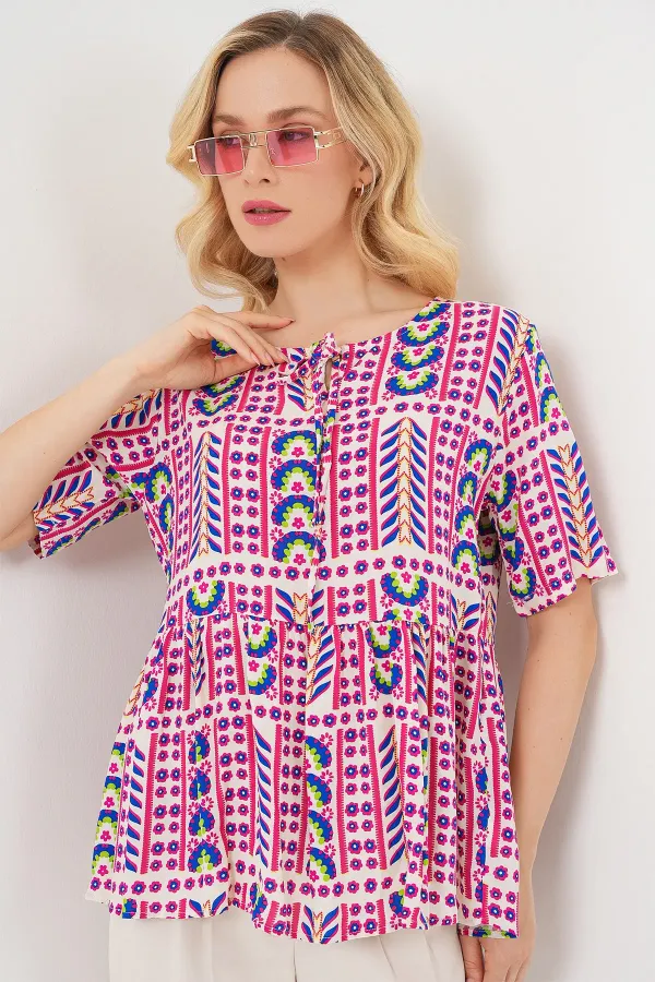 Women's Patterned Short-Sleeve Blouse 969 - Fuchsia