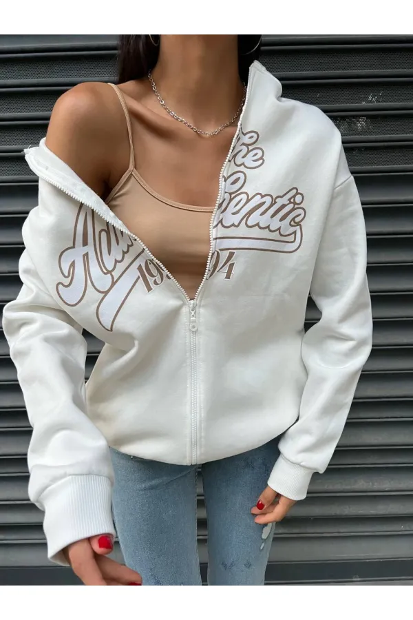 Kadın Beyaz Baskılı Kapüşonlu Fermuarlı Oversize Sweatshirt HZL24W-ZK12741