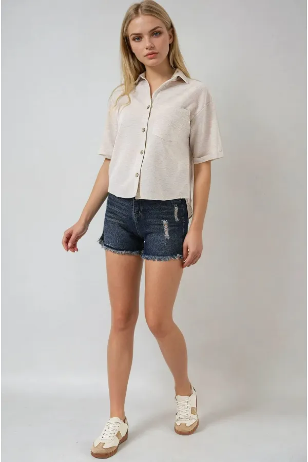 Kadın Krem Keten Görünümlü Crop Gömlek HZL25S-BD1203391