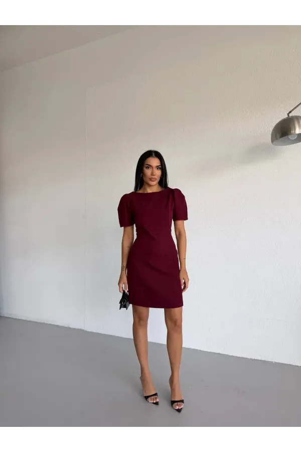 Women's Burgundy Boat Neck Welt Pocket Short Sleeve Mini Dress HZL26S-FRY123891 Women's Burgundy Boat Neck Welt Pocket Short Sleeve Mini Dress HZL26S-FRY123891