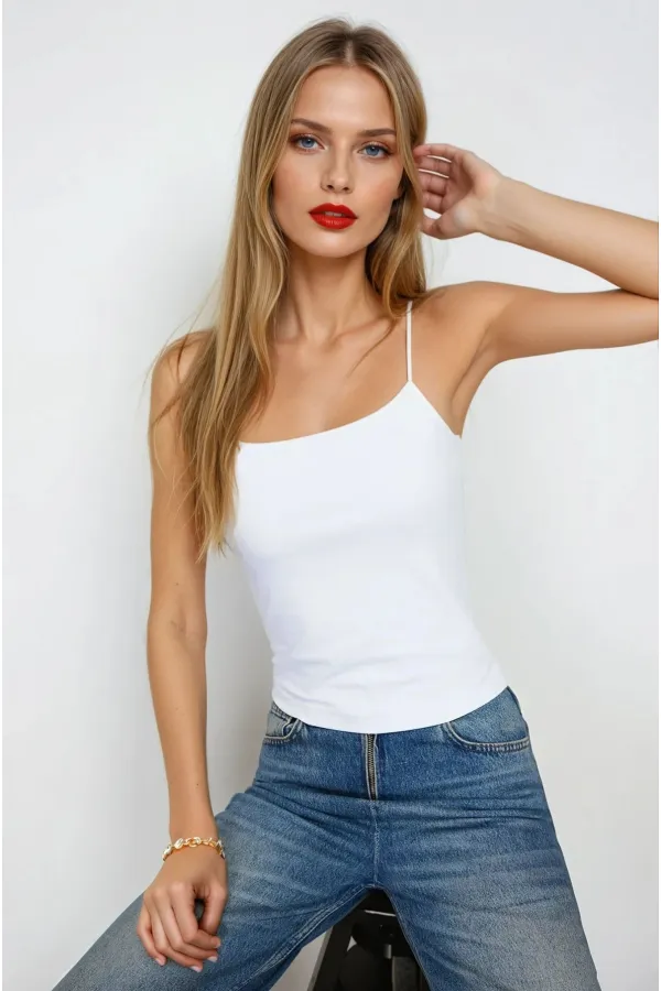 Kadın Beyaz İp Askılı Örme Body Bluz HZL24S-ZK11001