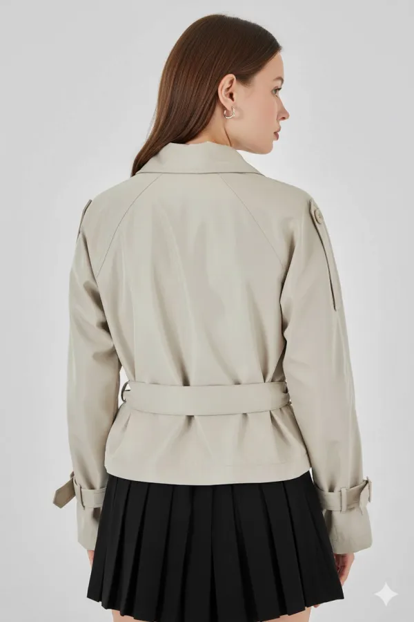 Trench-coat court beige à double boutonnage et ceinture pour femme, doublé HZL25W-BD159701