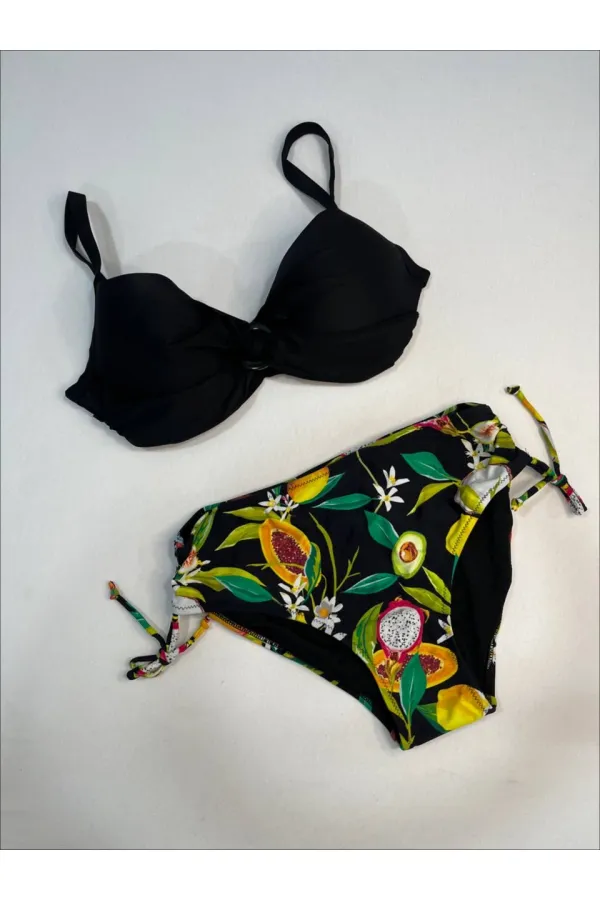 Women's Black Accessory Detailed Tropical Pattern Bikini Set HZL25S-LC3343