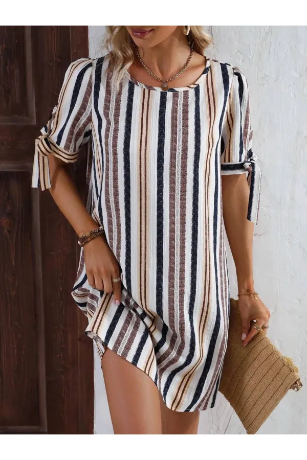 Kadın Krem Lacivert İthal Keten Baskılı Bisiklet Yaka Astarsız Elbise HZL24S-FRY121011