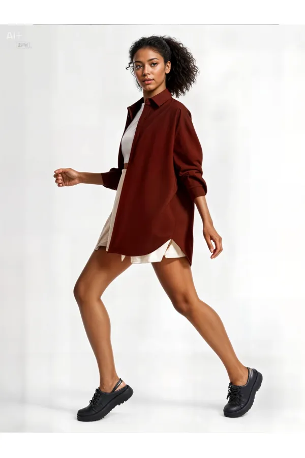 Kadın Kahverengi Oversize Uzun Basic Gömlek Hzl22w-bd139001
