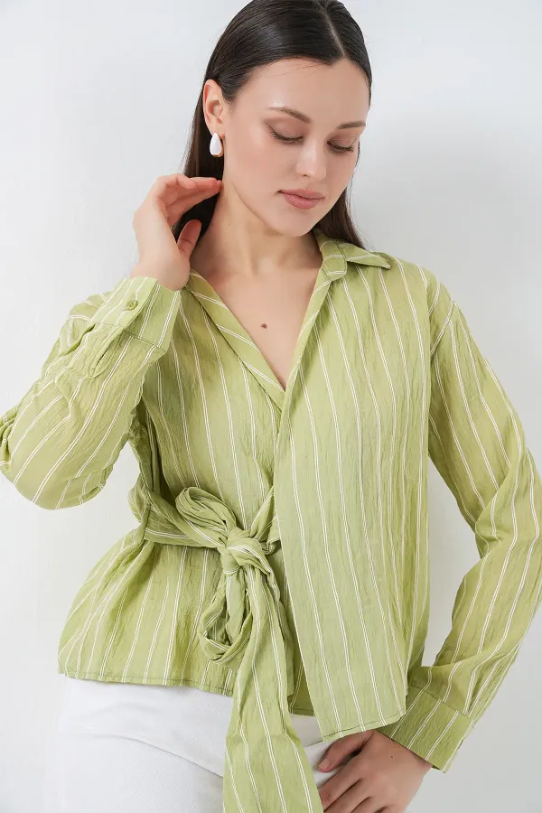 Women's Front Tie Striped Shirt 20362 - Dark Green