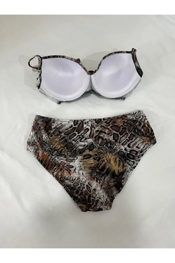 Kadın Kahverengi Leopar Desenli Astarlı Büyük Beden Bikini Takımı HZL25S-LC25006