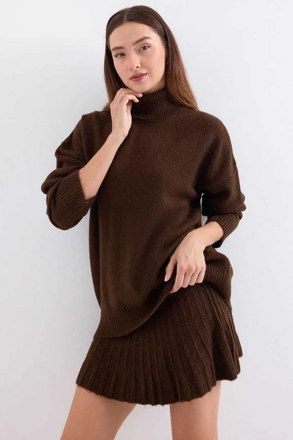 Ensemble deux pièces en tricot avec jupe et pull marron pour femme HZL25W-BD1102641