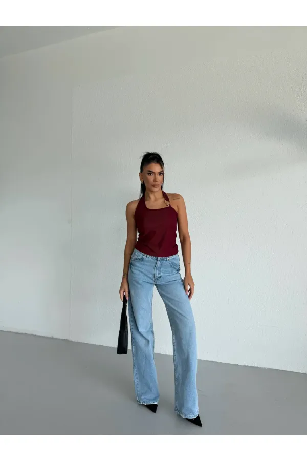 Kadın Bordo Ottoman Kumaş Halter Yaka Toka Detay Bluz HZL26W-FRY123321