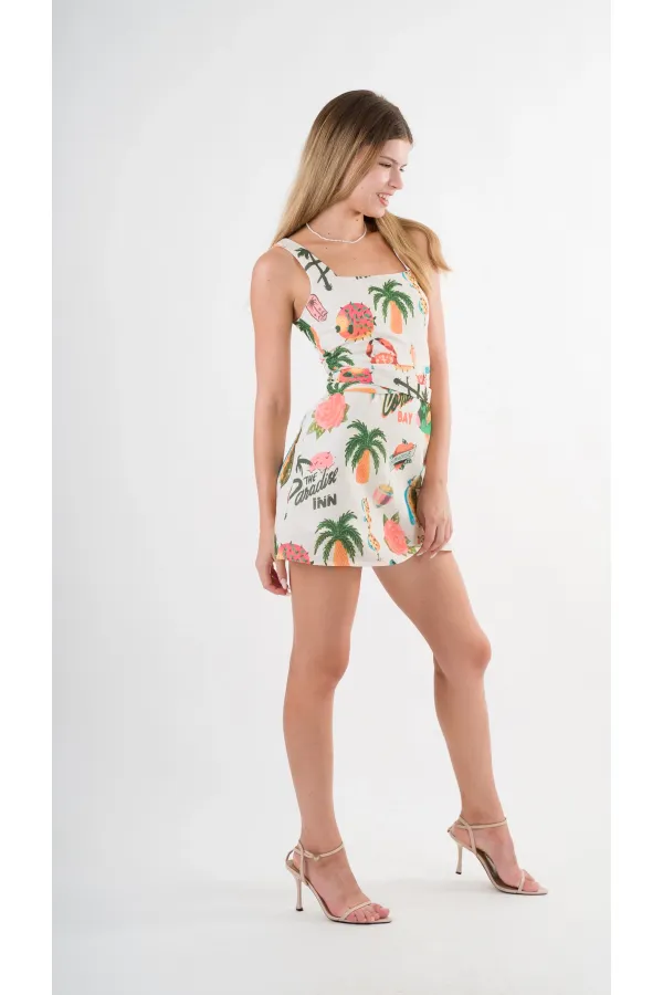 Kadın Krem Tropical Desenli Askılı Sırt Bağlamalı Kuşaklı Mini Elbise HZL24S-YY297