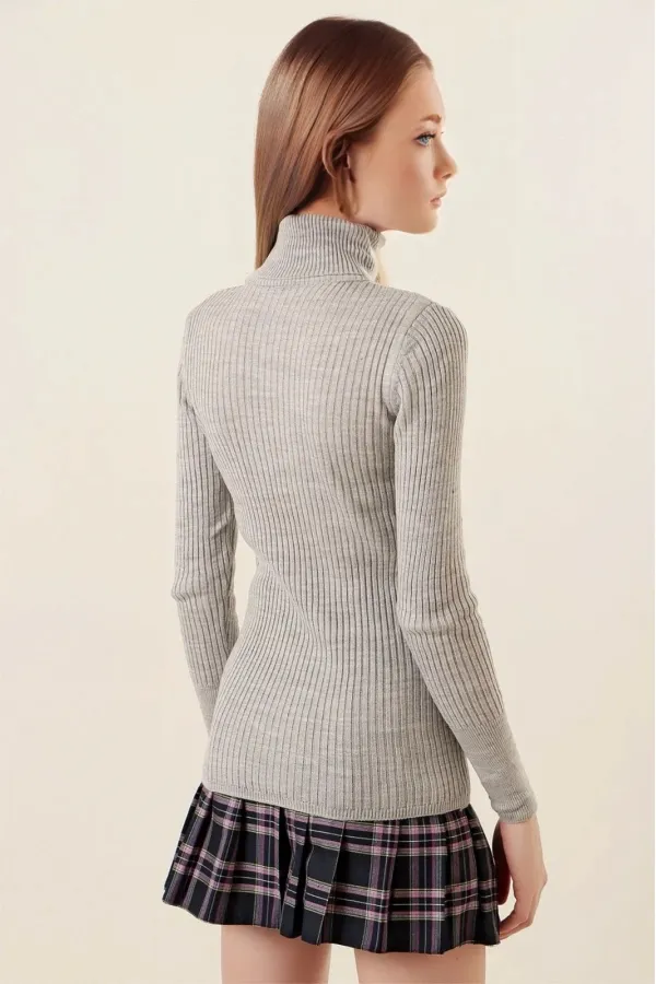 Pull col roulé côtelé gris pour femme HZL22W-BD1445001