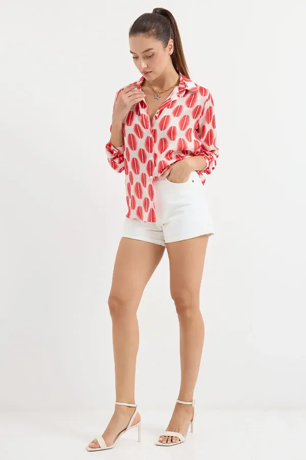 3964 Lightly Draped Satin Shirt - Dark Red