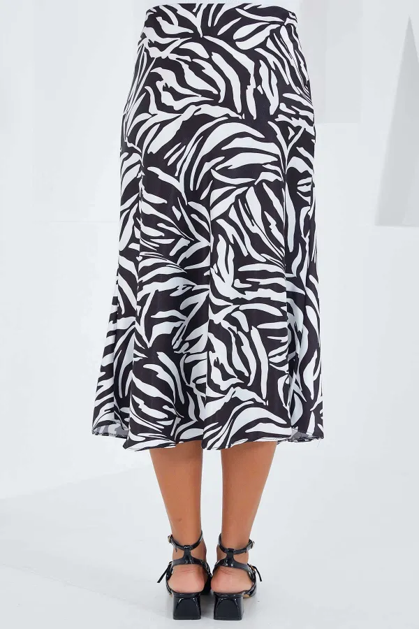 Kadın Zebra Desen Siyah Beyaz Saten Yüzeyli Beli Lastikli Midi Boy Etek Hzl23s-bd1101471