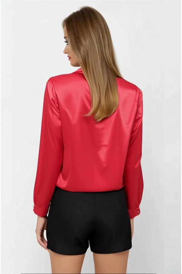 Kadın Kırmızı Hafif Dökümlü Saten Yüzeyli Gömlek HZL22W-BD139641