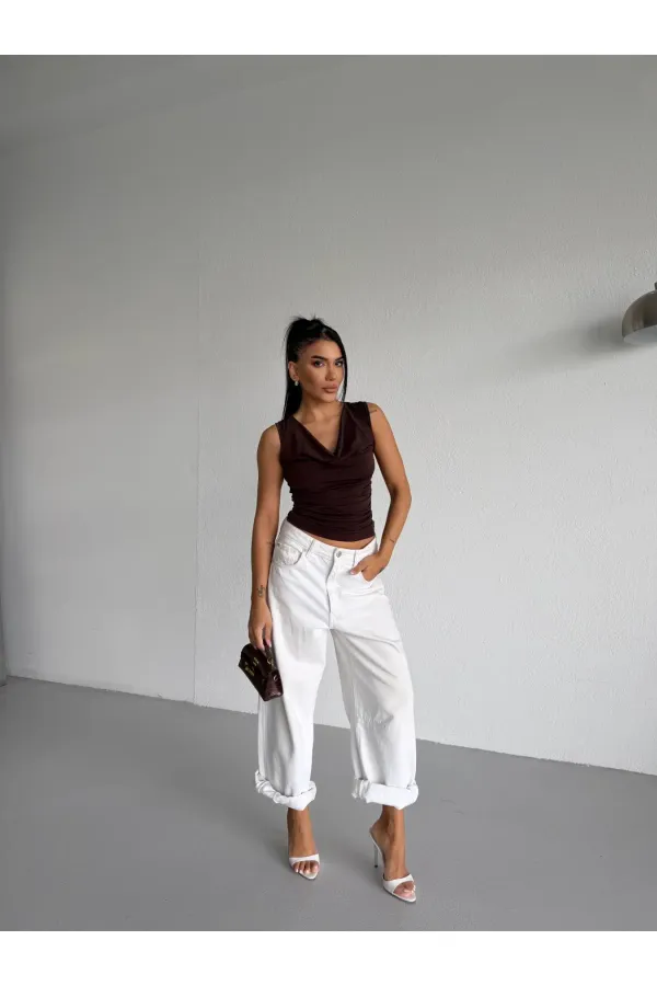 Kadın Kahverengi Degaje Yaka Yanlardan Drapeli Sandy Bluz HZL25S-FRY123131