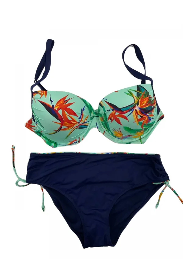 Kadın Turkuaz Lacivert Desenli Büyük Beden Astarlı Bikini Takım HZL25S-LC3327