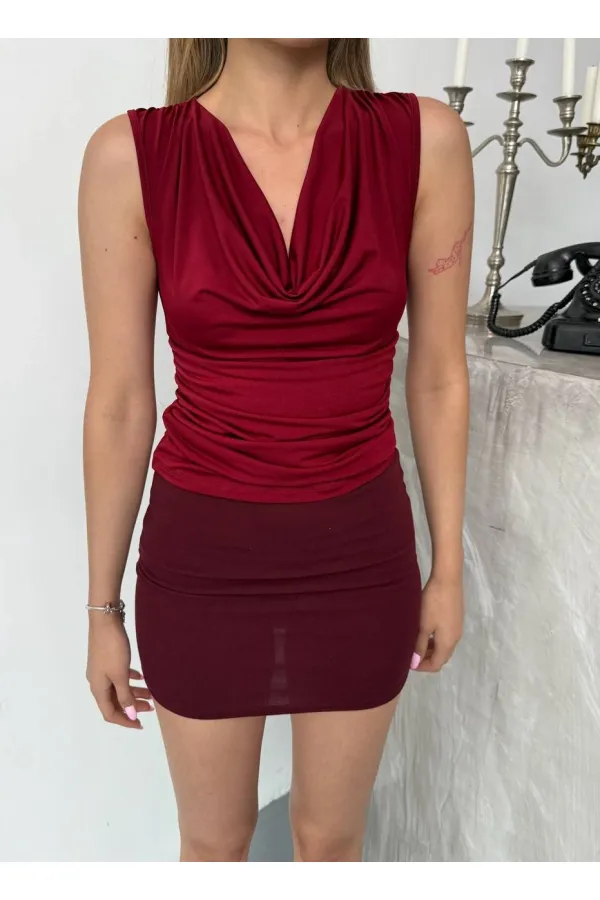 Kadın Bordo Degaje Yaka Yanlardan Drapeli Sandy Bluz HZL25S-FRY123131