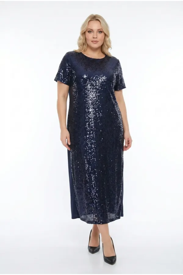 Kadın Lacivert Büyük Beden Payetli Uzun Abiye Elbise Şık Elbise HZL26S-PR11111