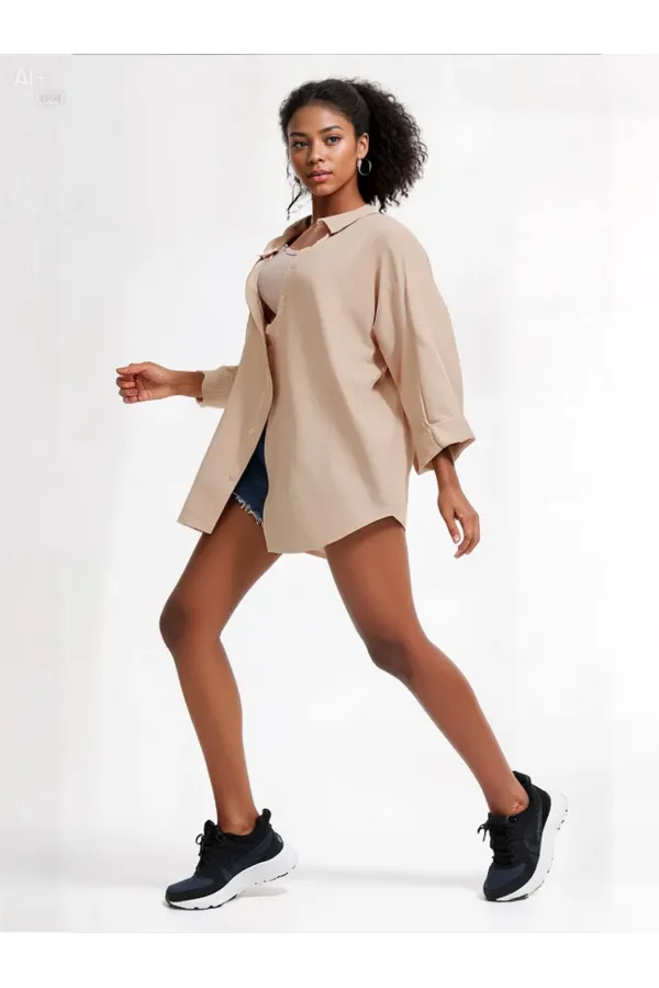 Kadın Bej Oversize Uzun Basic Gömlek HZL22W-BD139001